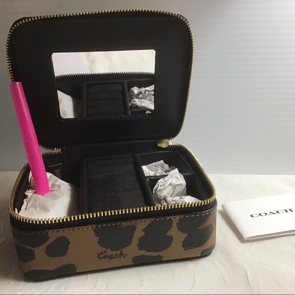 Coach Leopard Print Travel Jewelry Case in Brown and Black with Mirror